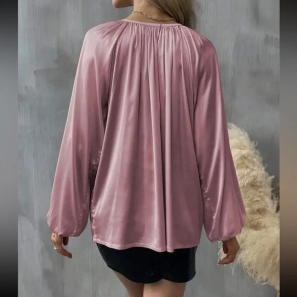 Luxe Satin Neck Tie Lantern Long sleeve Blouse - Picture 12 of 13